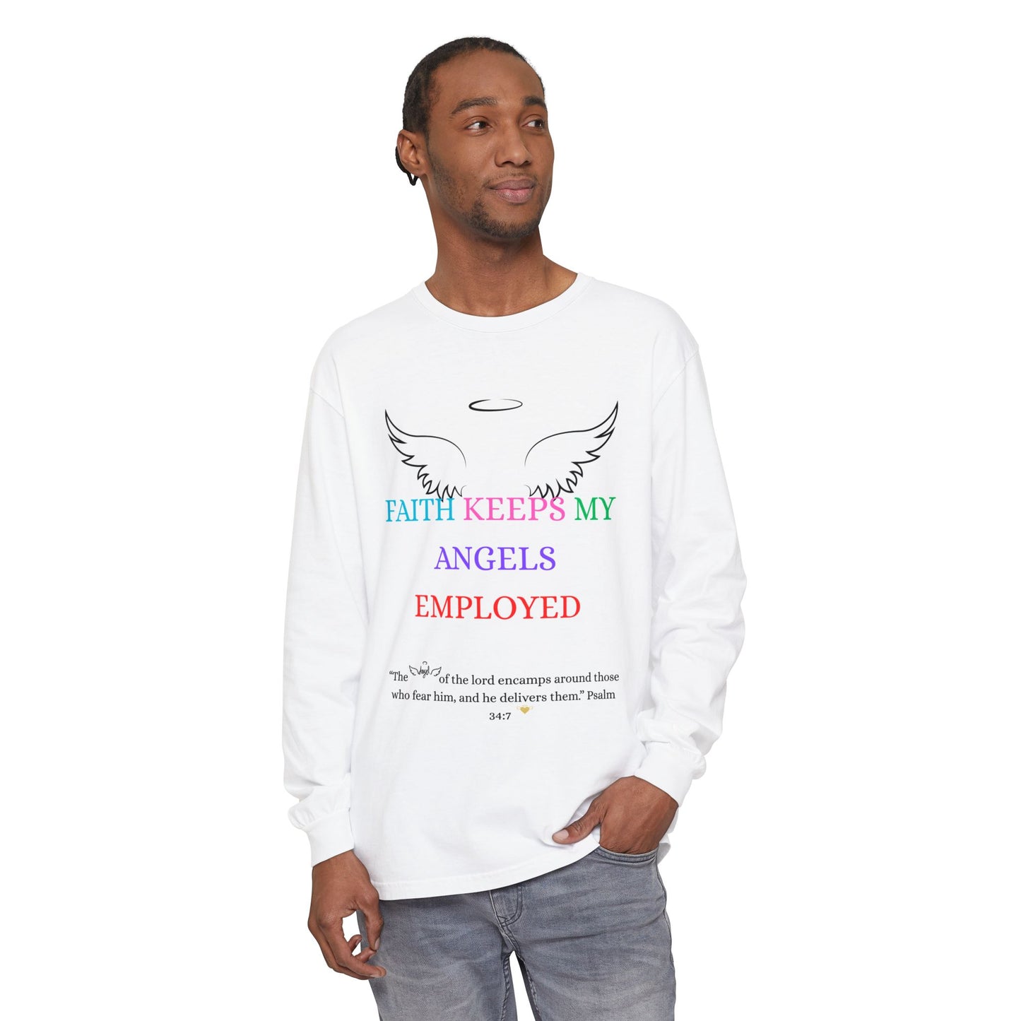 Faith-Inspired Long Sleeve Tee, Spiritual Long Sleeve Shirt, Christian T-Shirt, Angel-Themed Apparel, Gift for Faith
