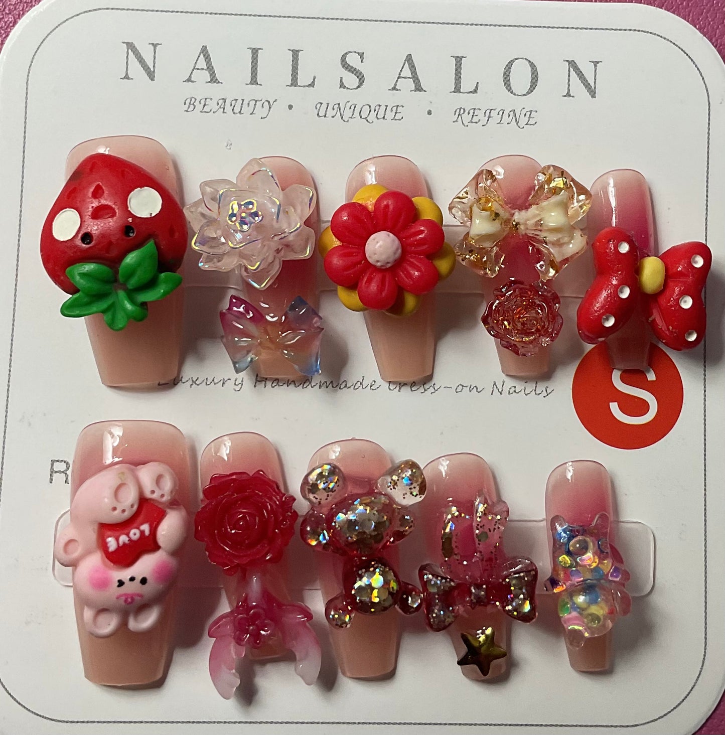 3D Strawberry Press On Nails
