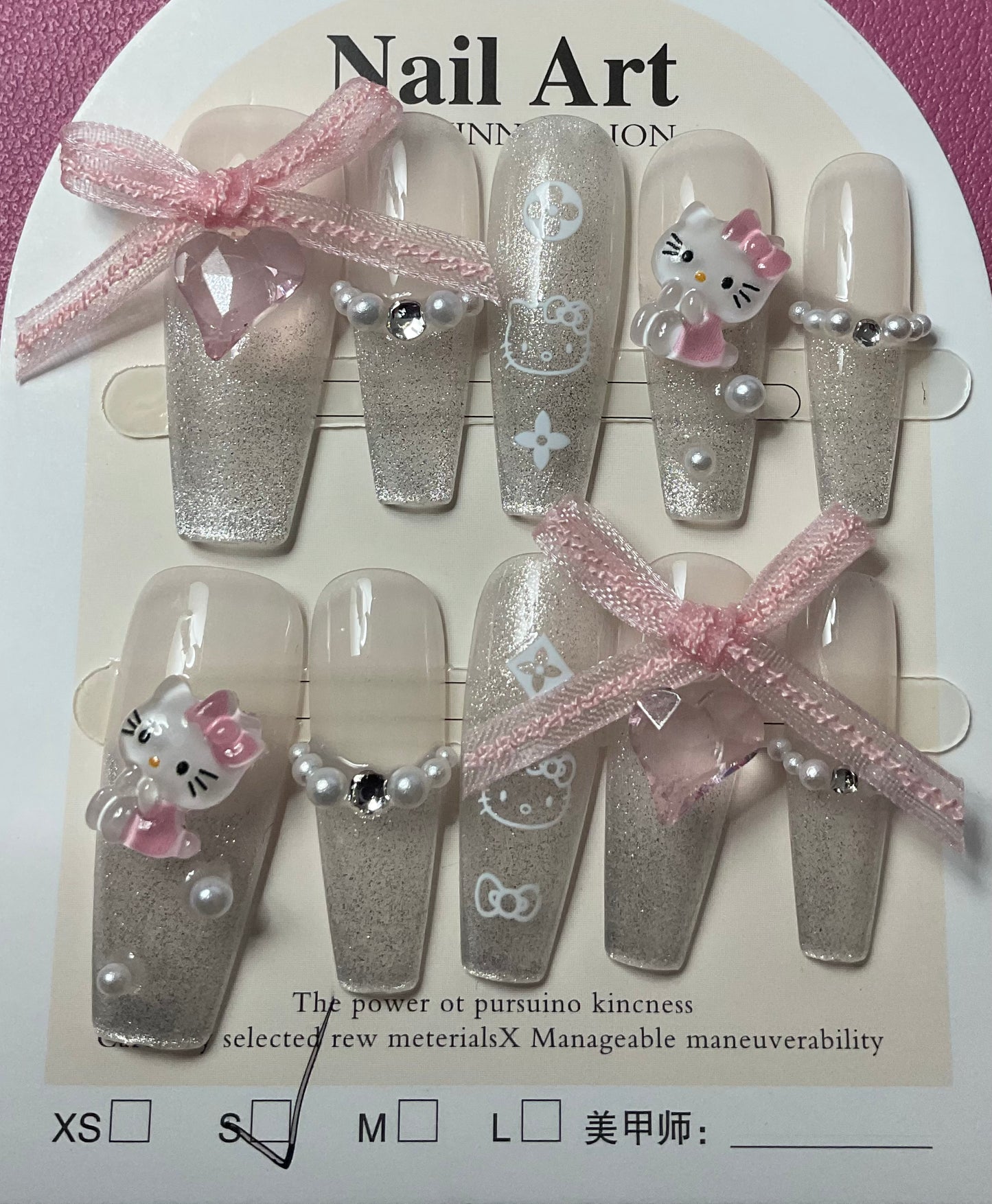 Pearly Bows & Kitty Press On Nails