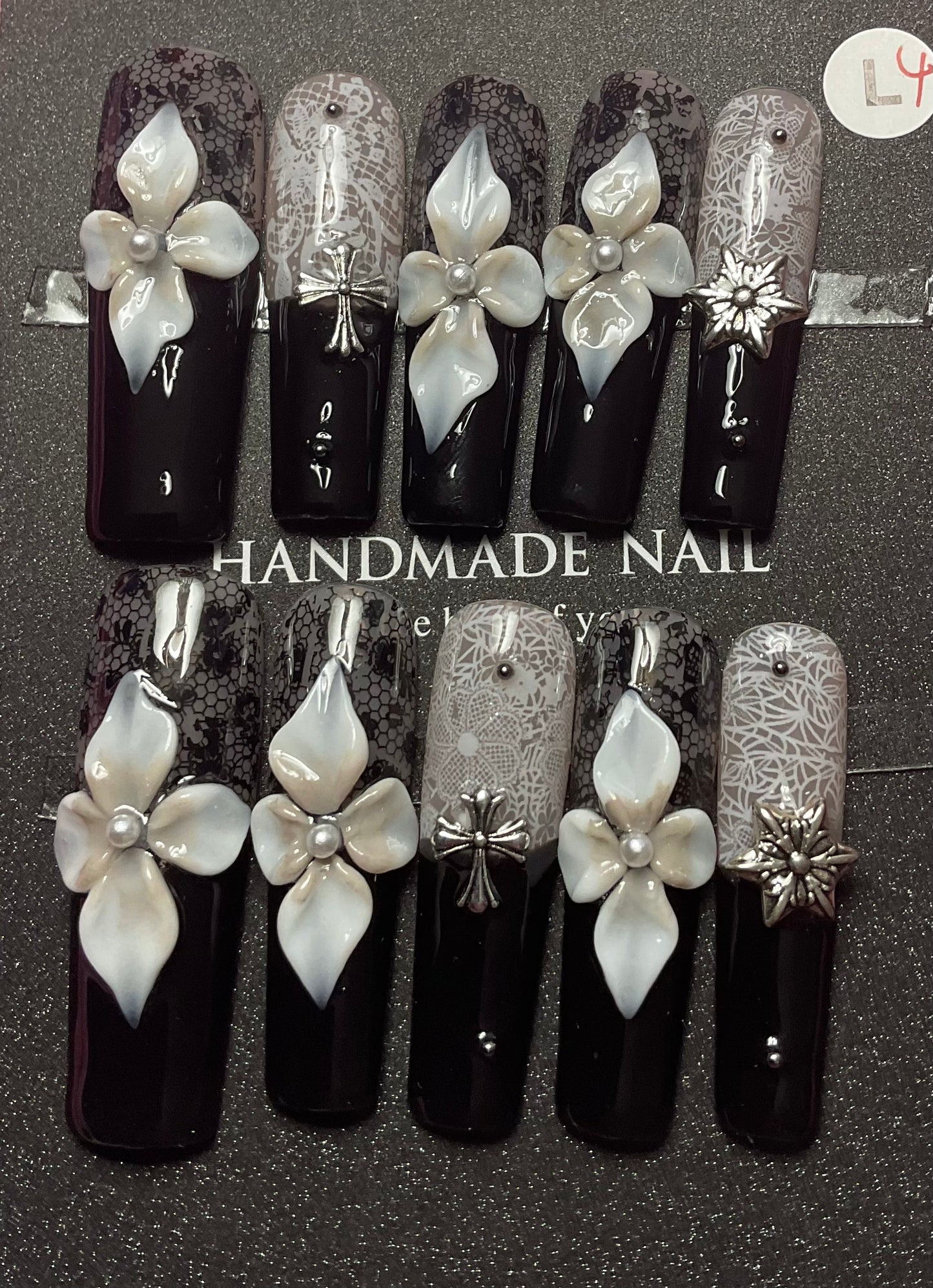 Black 3D Flowers Press On Nails