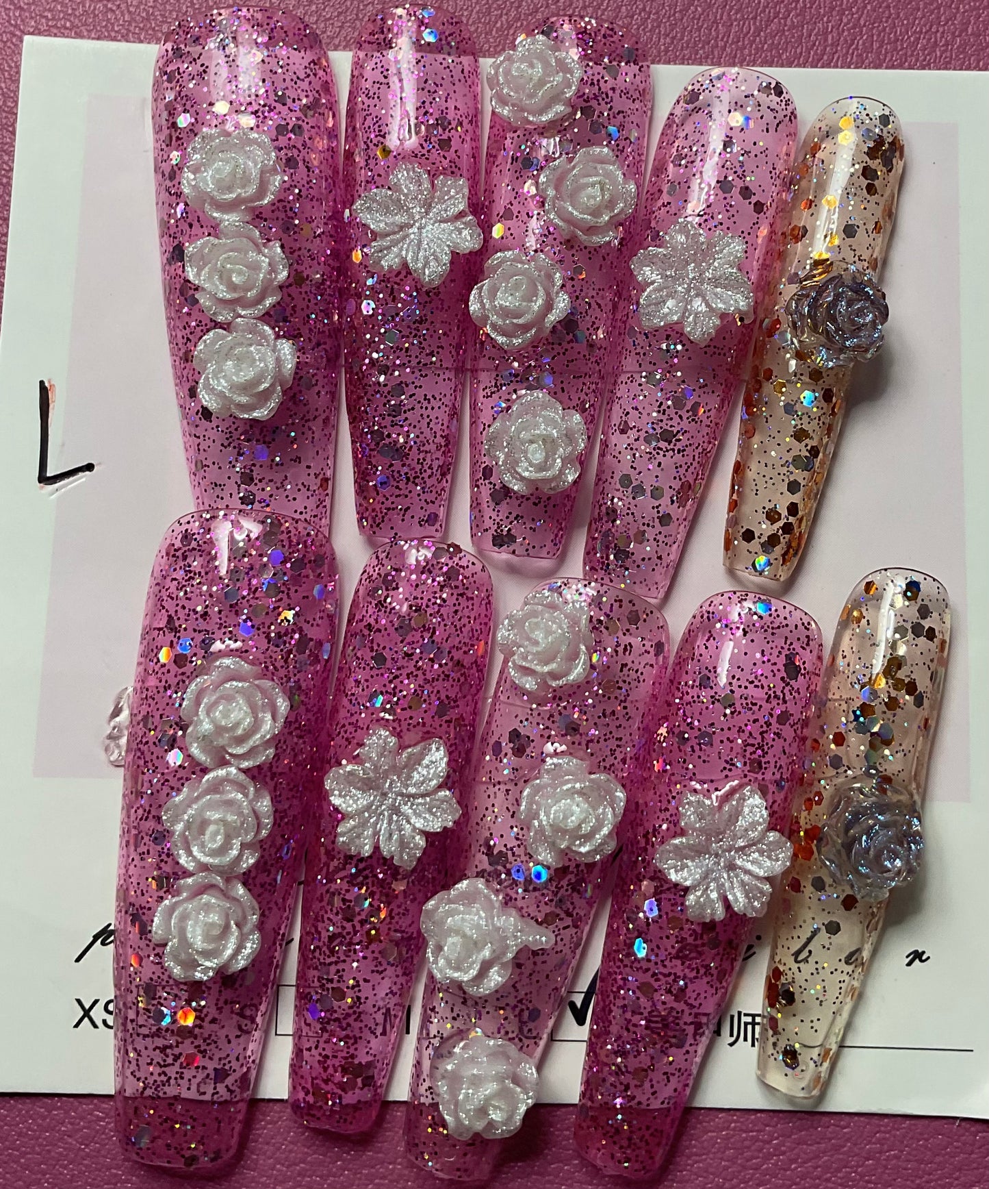 Long Flower with Bling Press on Nails