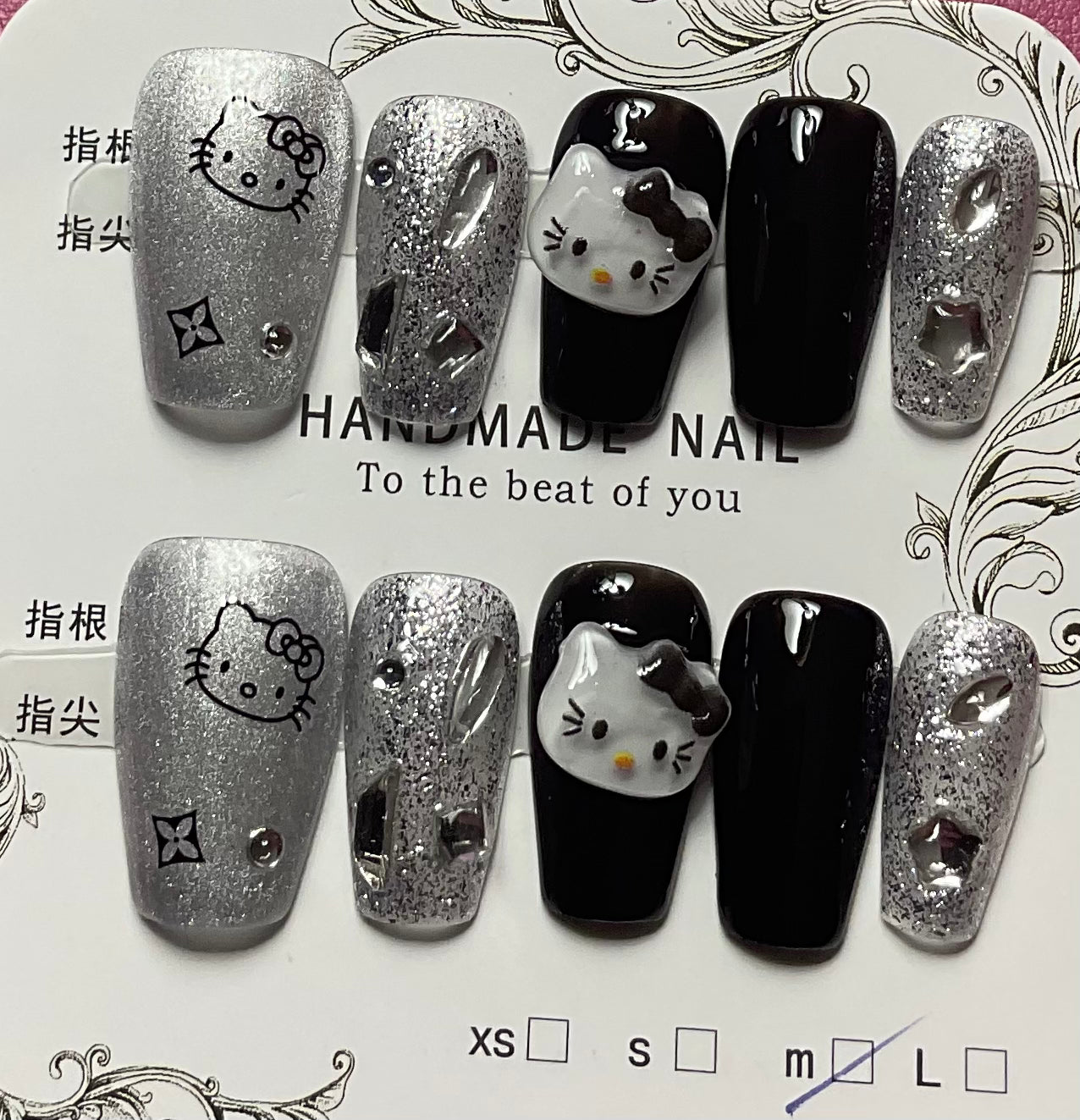 Black and Silver Hello Kitty Press On Nails