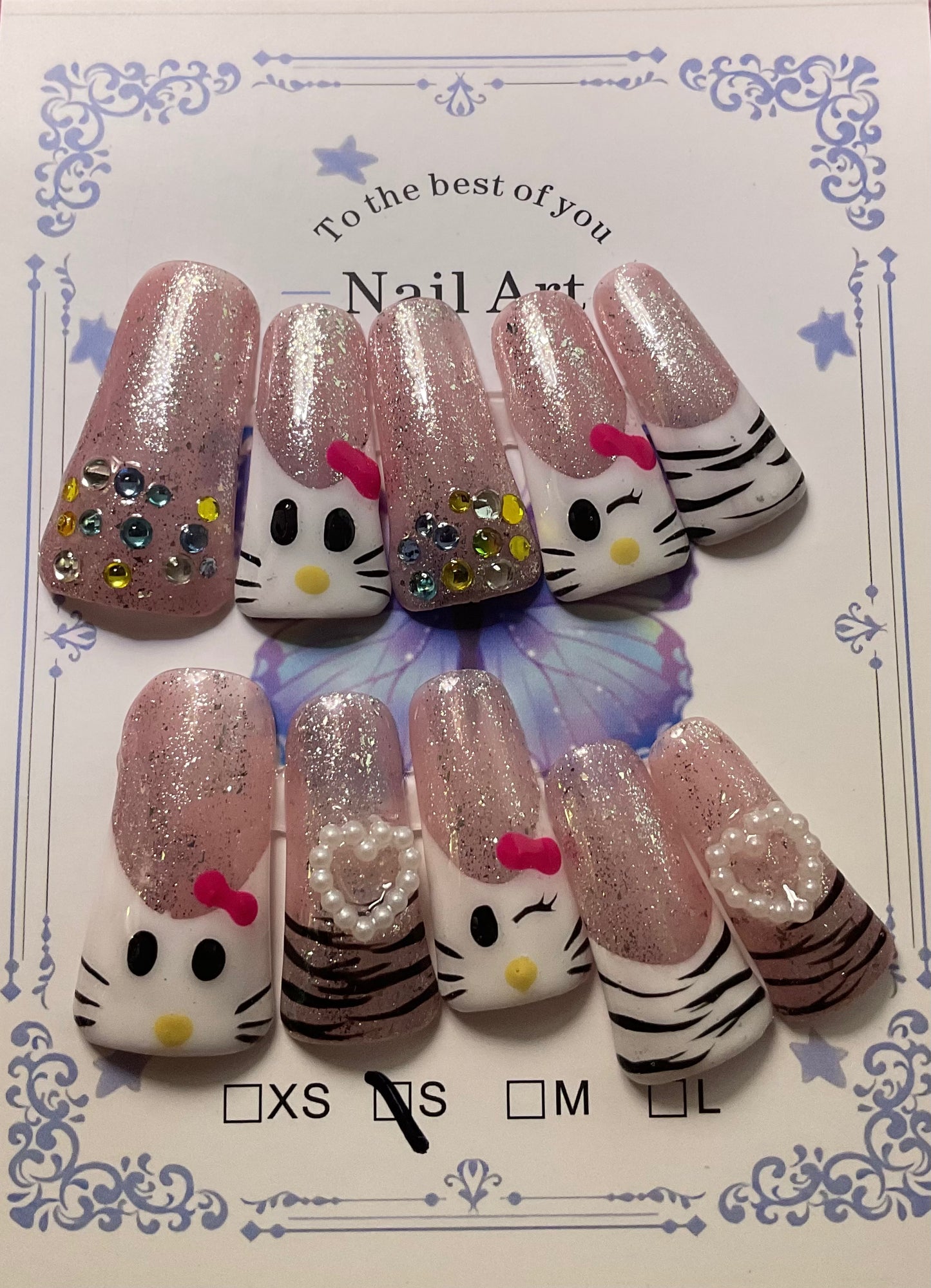 Hello Kitty with Zebra Print Press On Duck Nails