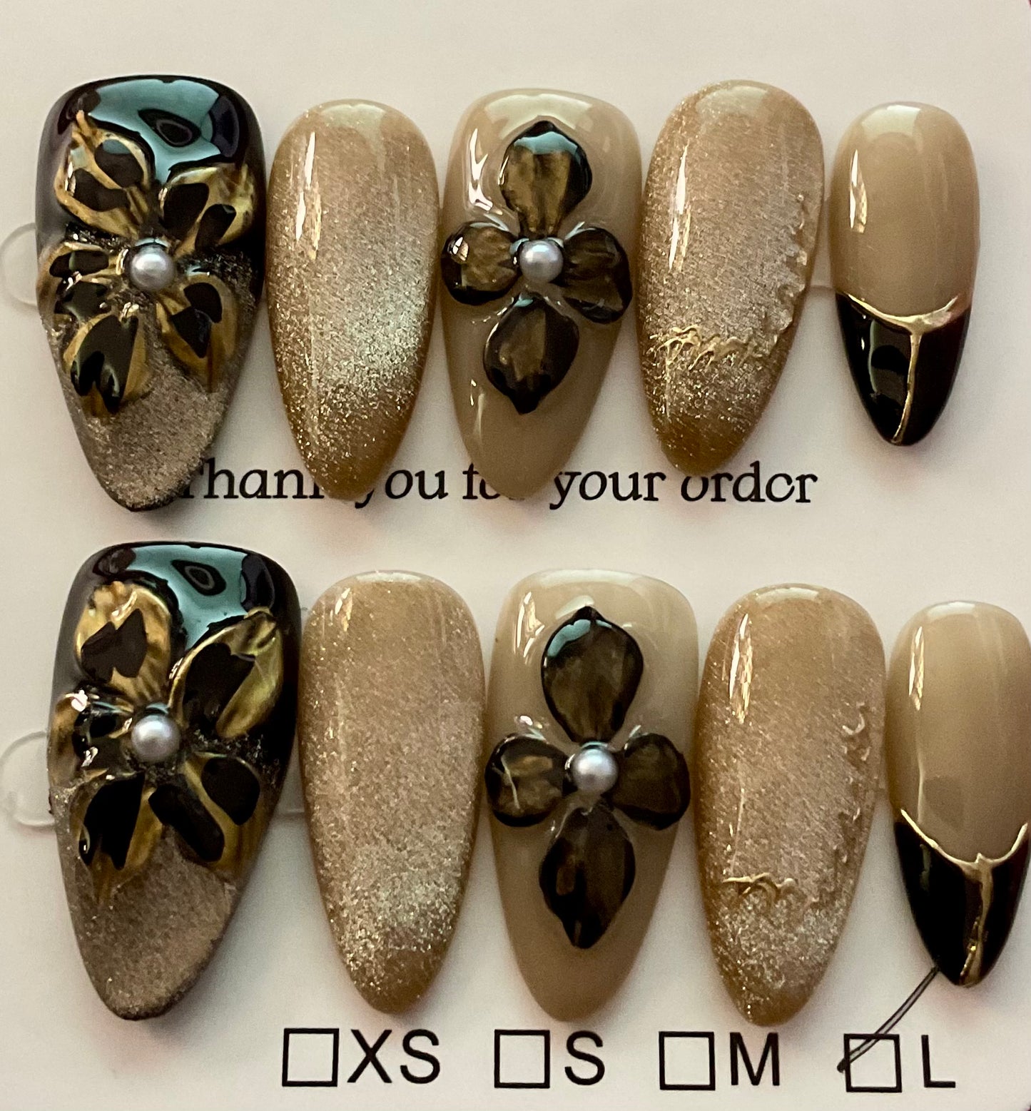 Golden Noir Blossom Press On Nails