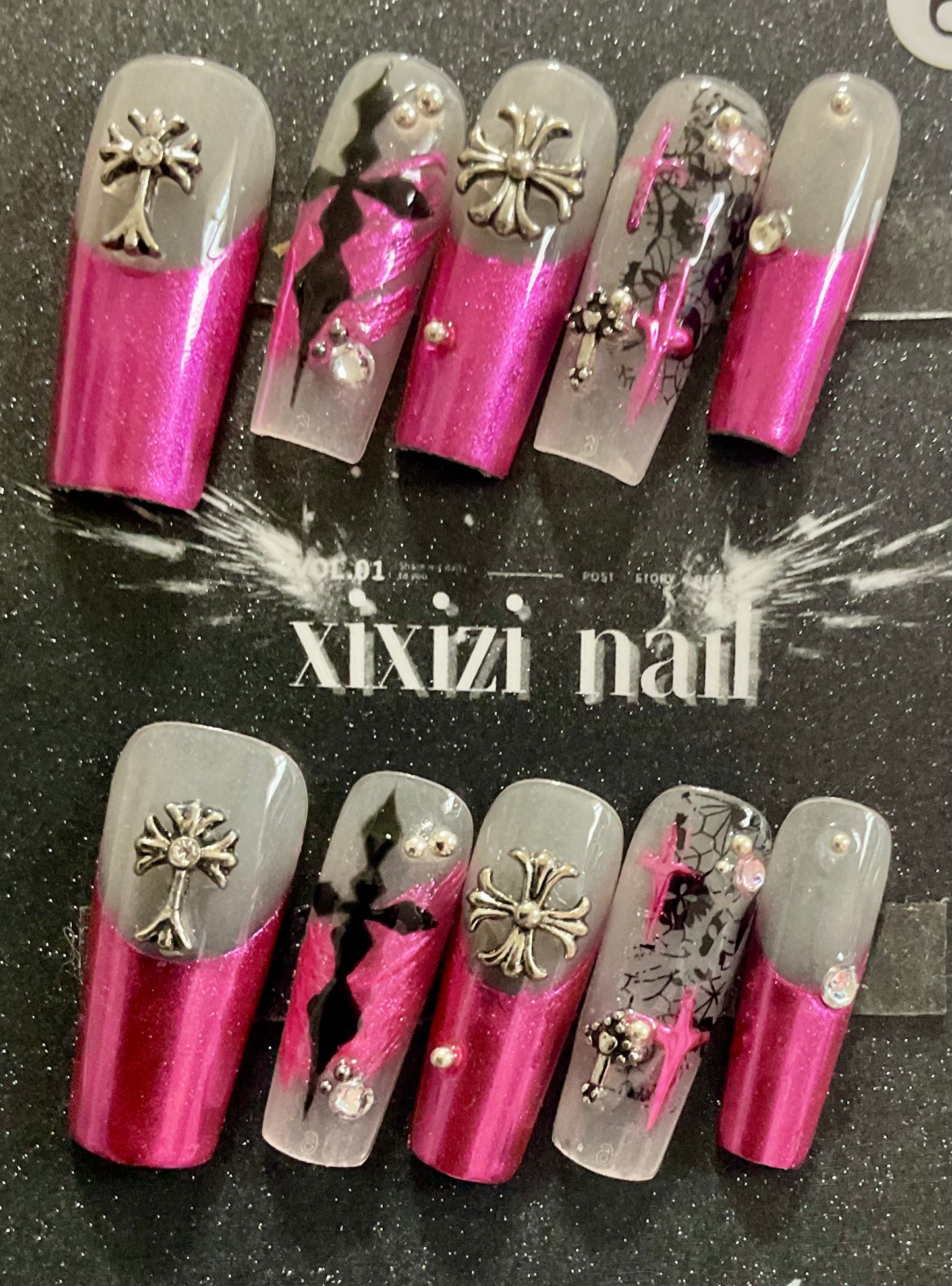Metallic Pink & Gray Star Charm Press On Nails