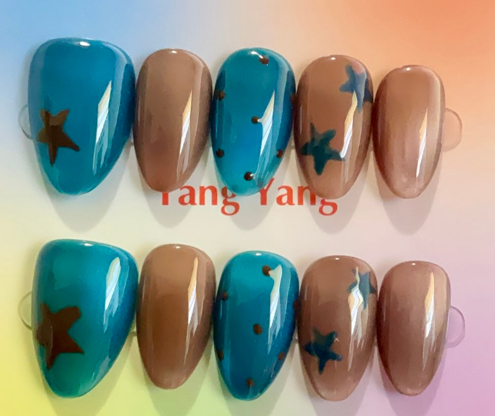 Cosmic Star Teal & Brown Press On Nails