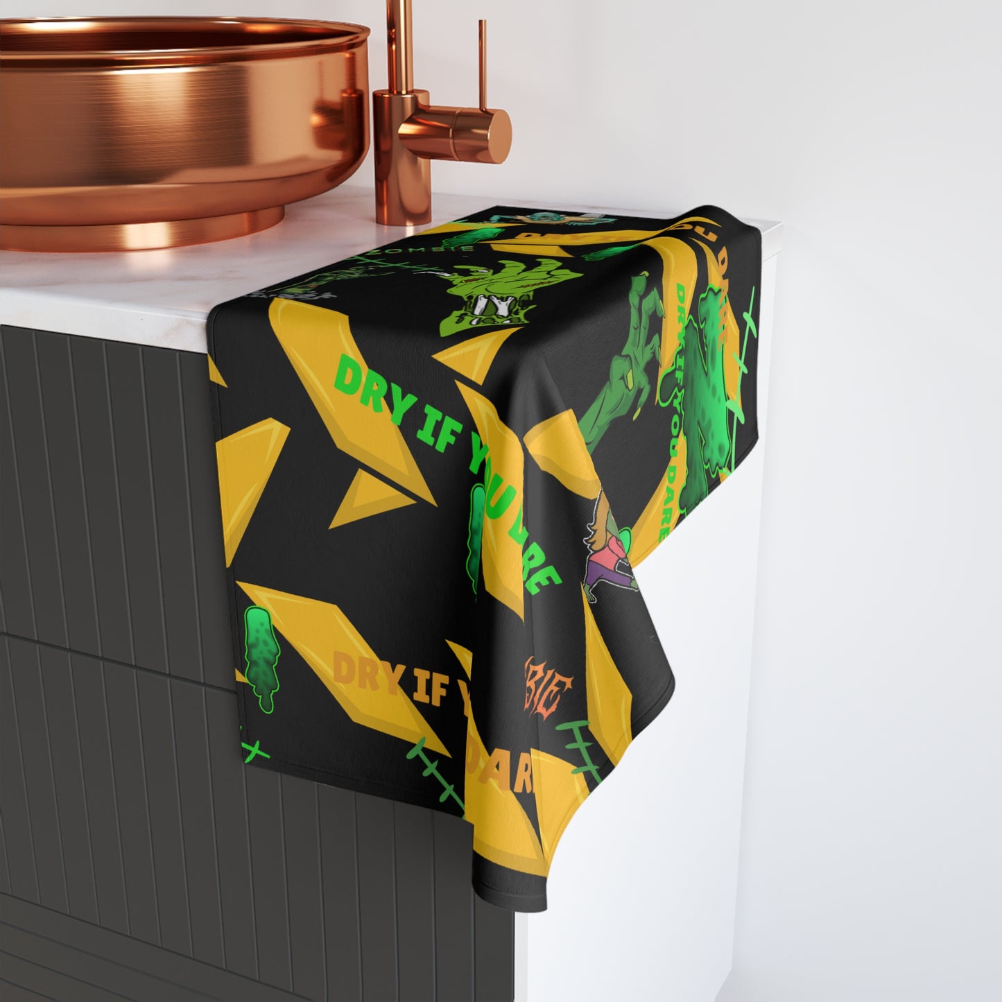 Zombie-Themed Hand Towel for Halloween, Fun Bathroom Decor.