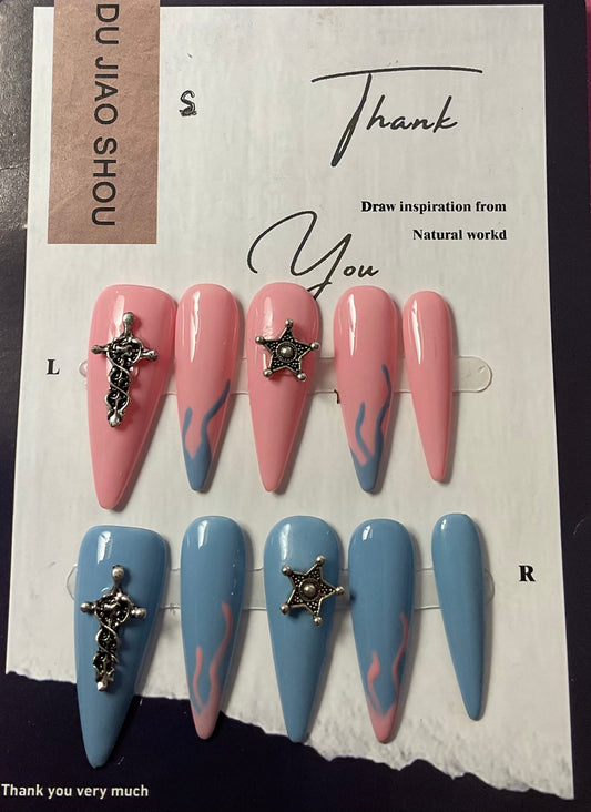 Pink and Blue Flame Press On Nails