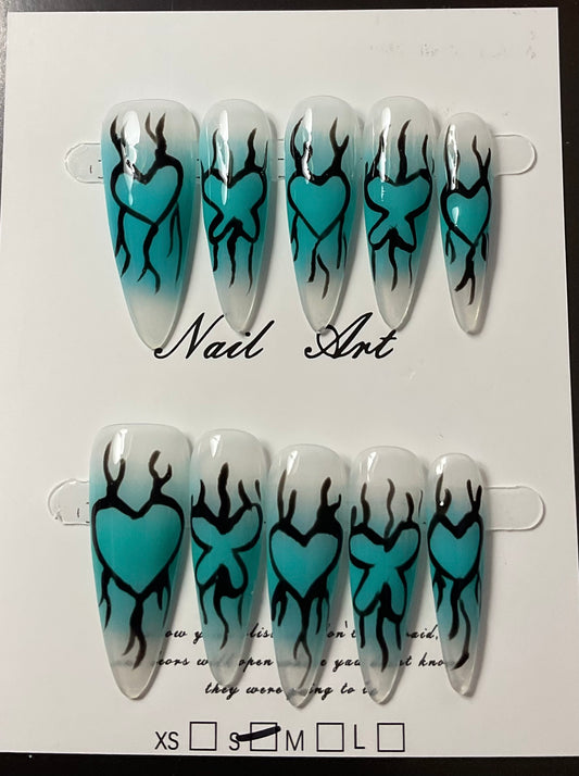 Flaming Heart Teal Press On Nails