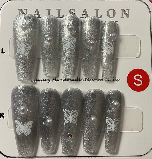 Sliver Dust Butterfly Press On Nails