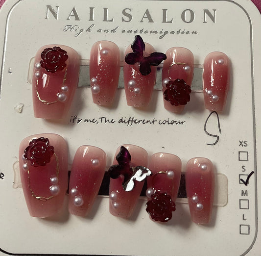 Butterfly Roses & Pearl Press On Nails