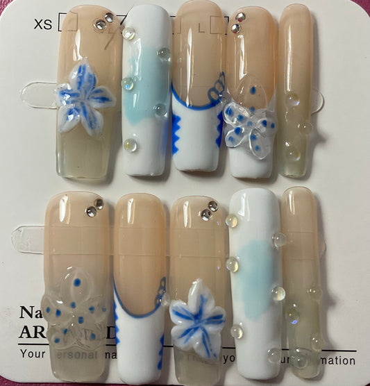 Blue Flower Press On Nails