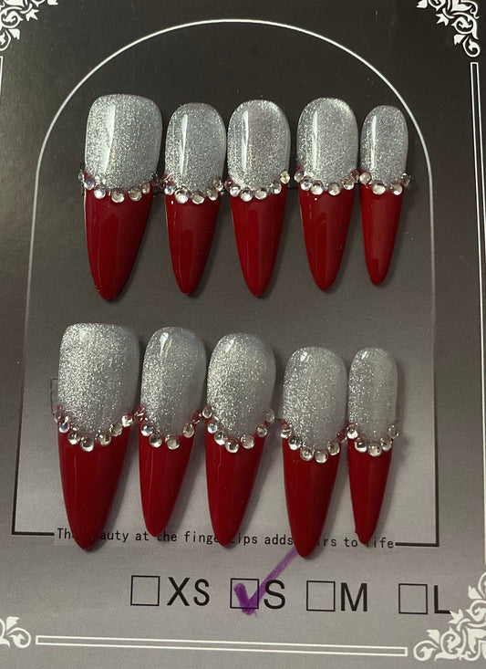 Red & Sliver French Tips Press On Nails