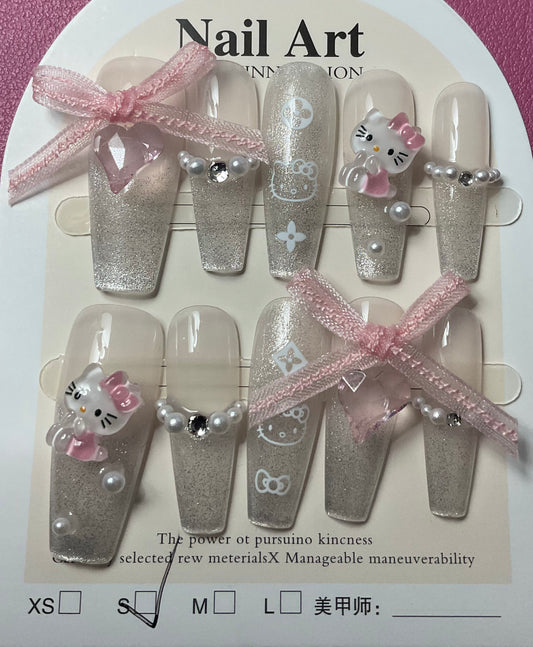 Pearly Bows & Kitty Press On Nails