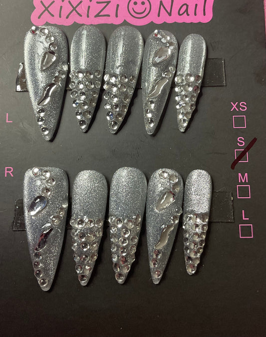 Shimmering Stiletto Silver Press On Nails