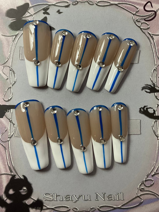 White and Blue French Tip Press On Nails