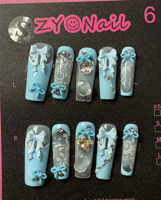 Baby Blue Press On Nails with Bow