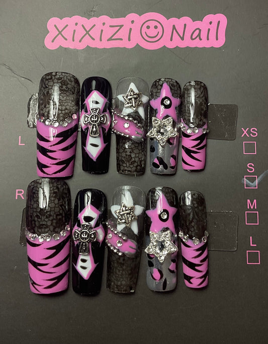 Pink and Black Press On Nails