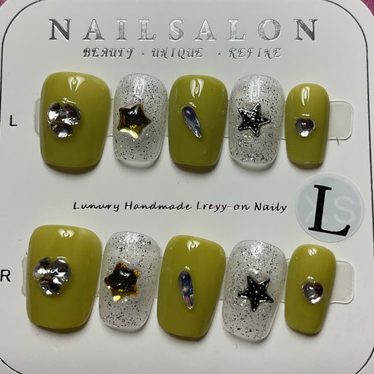 Green and Glitter Press On Nails