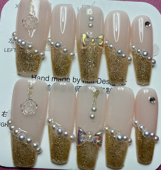 Sparkling Gold Dust & Pearl Press On Nails