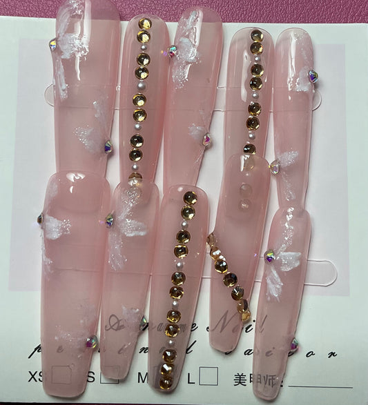 Cloudy Pink Rhinestone Press On Nails