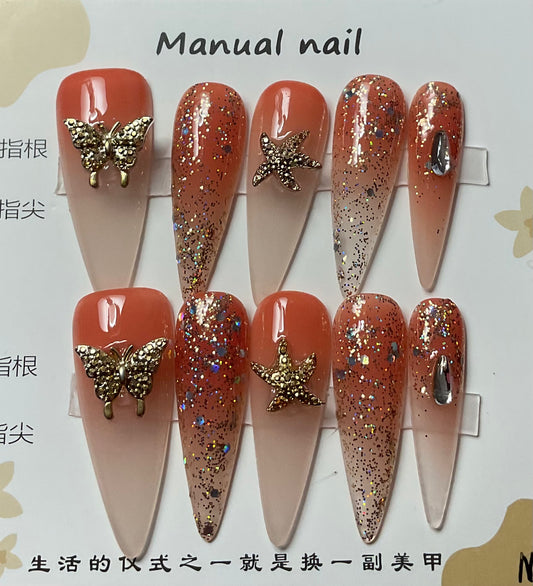 Orange and Gold Press On Nails
