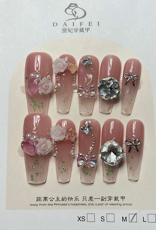 Blushing Rose & Crystal Press On Nails