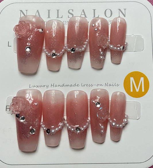 Elegant Rose & Pearl Press On Nails
