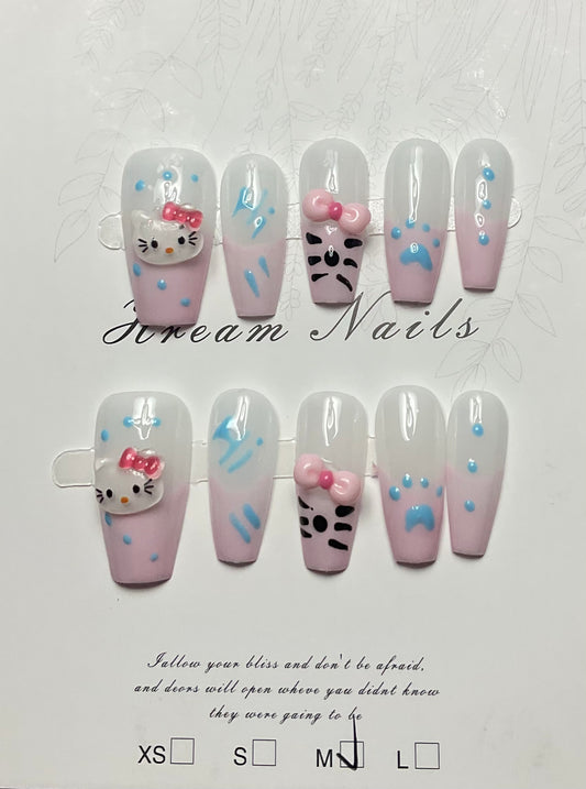 Ice-Cream Blue Kitty Press On Nails