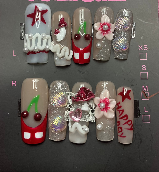 Whimsical Cherry & Floral Press On Nails