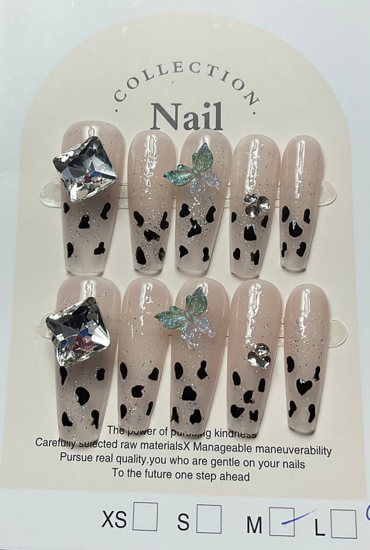 Chic Cow Print & Gemstone Press On Nails