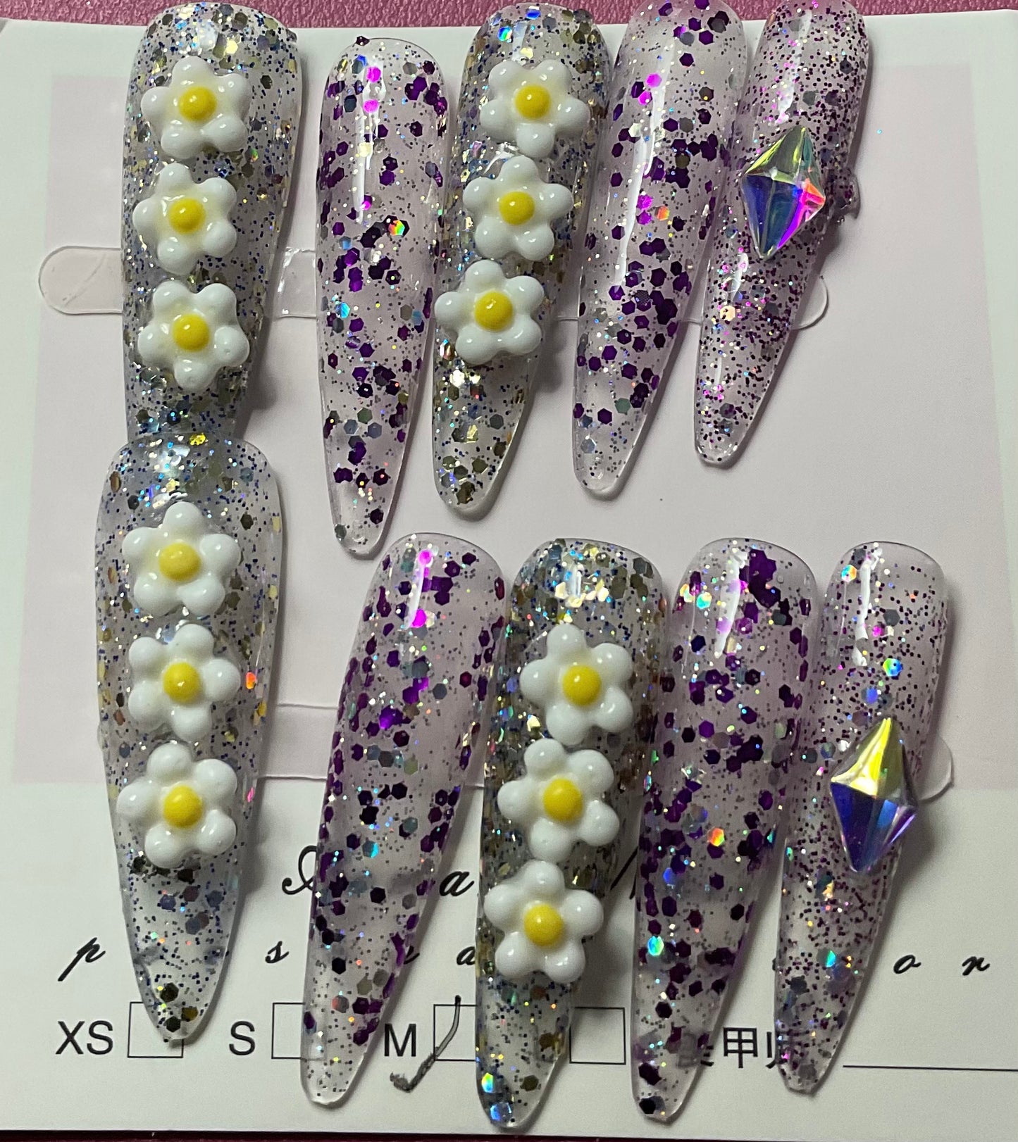 Long Flower with Bling Press on Nails
