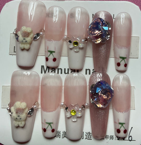 Sparkling Cherry & Gems Press On Nails