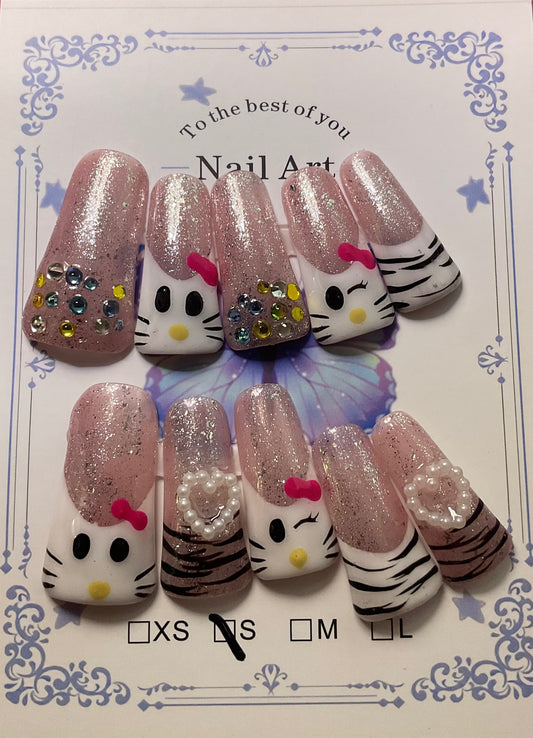 Hello Kitty with Zebra Print Press On Duck Nails