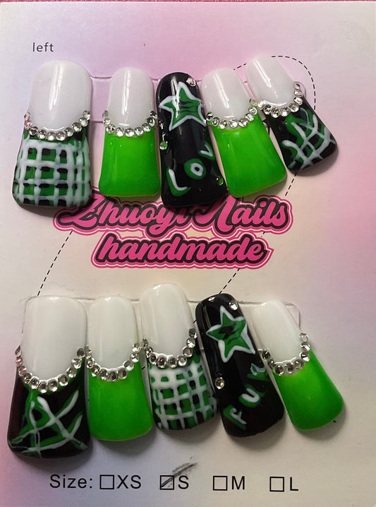 Plaid and Neon Green Press On Duck Nails