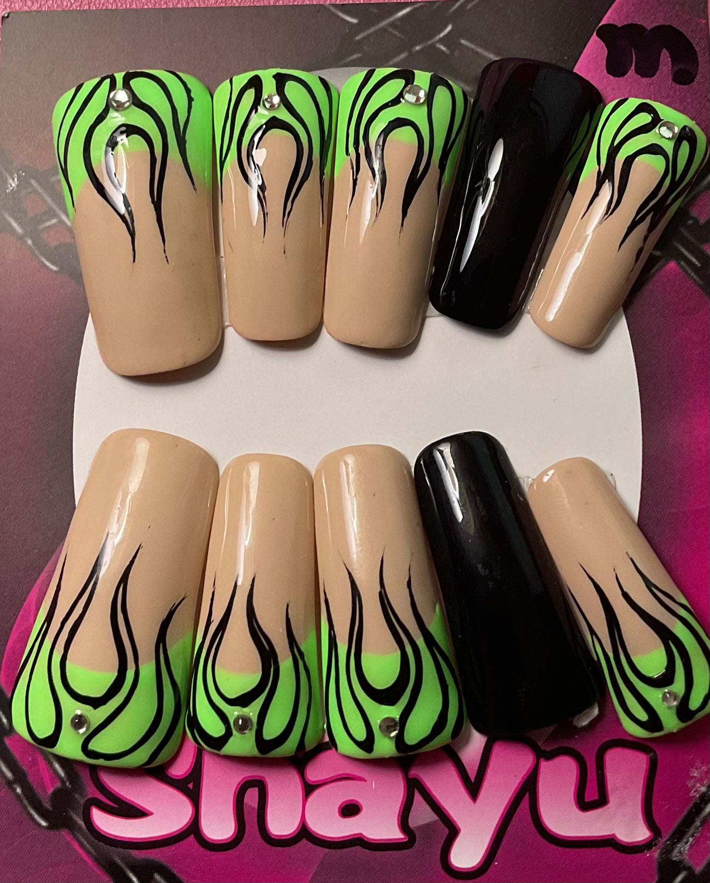 Neon Green Flame Press On Duck Nails