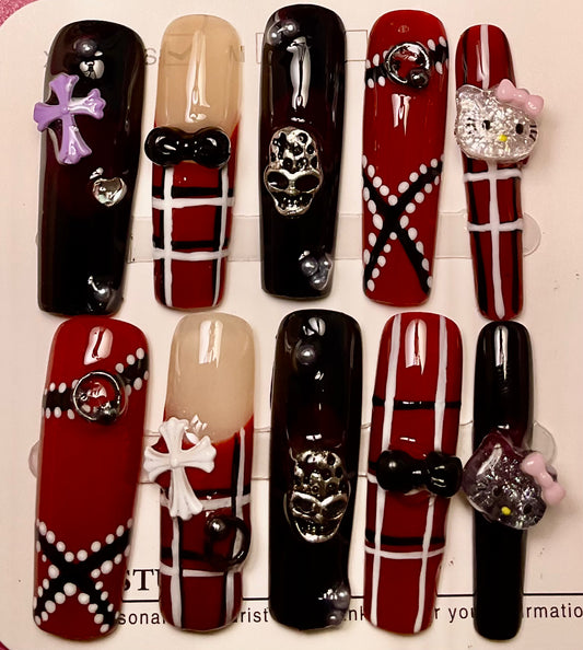 Rebellious Red & Black Press On Nails