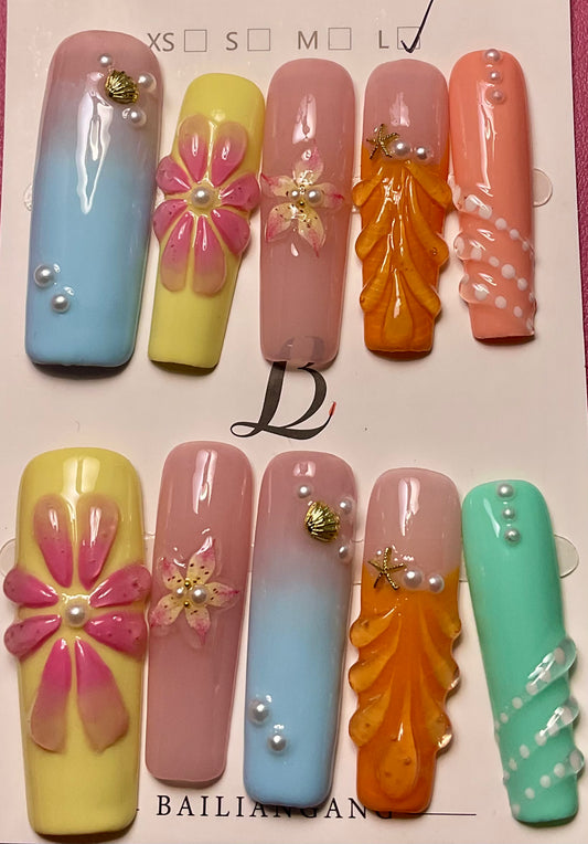 Elegant 3D Floral & Pearl Press On Nails