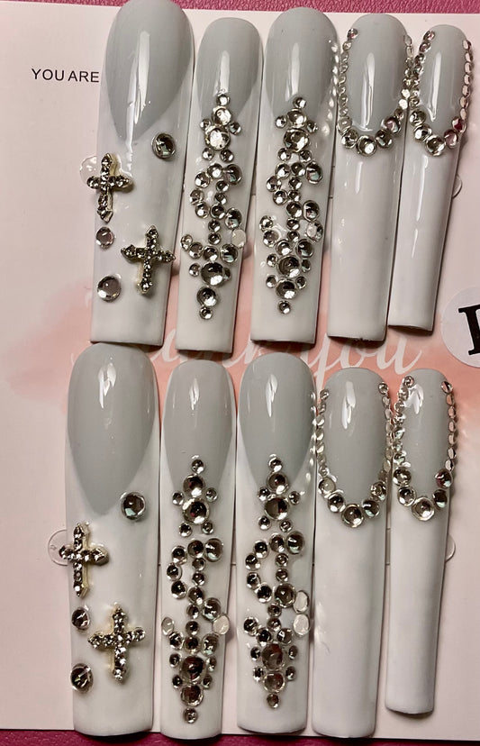 Luxury White & Crystal Press On Nails