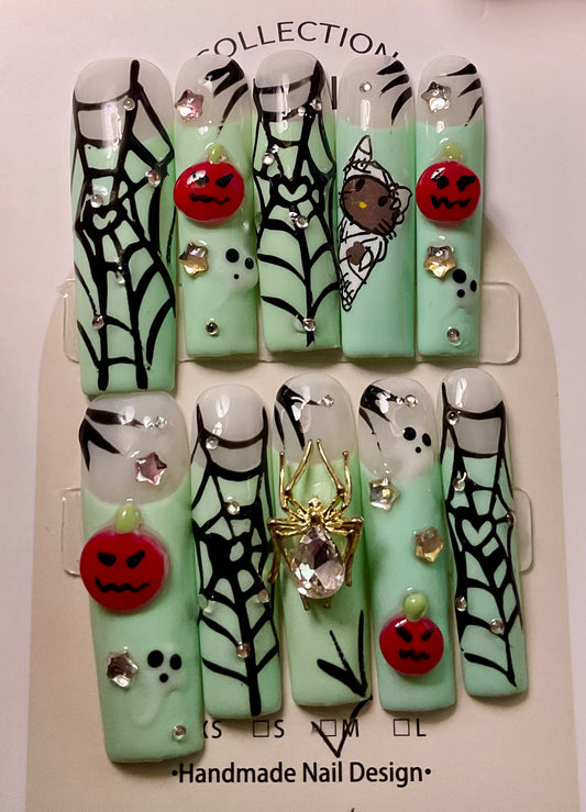 Spooky Chic Spiderweb & Pumpkin Press On Nails