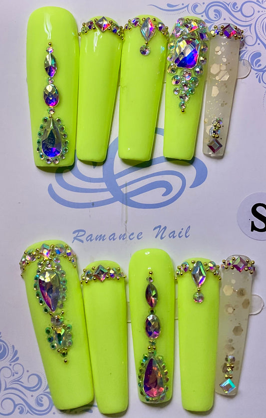 Neon Green Diamond Drip Press On Nails