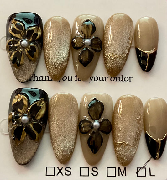 Golden Noir Blossom Press On Nails