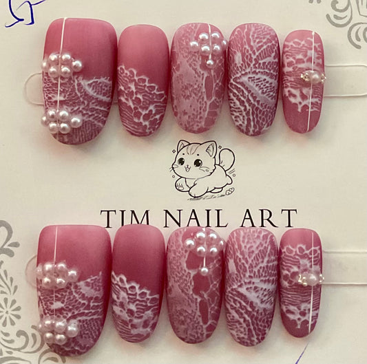 Blush Lace Pearl Press On Nails