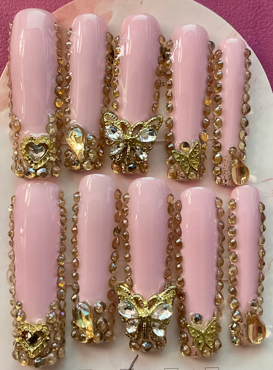 Golden Butterfly Crystal Press On Nails