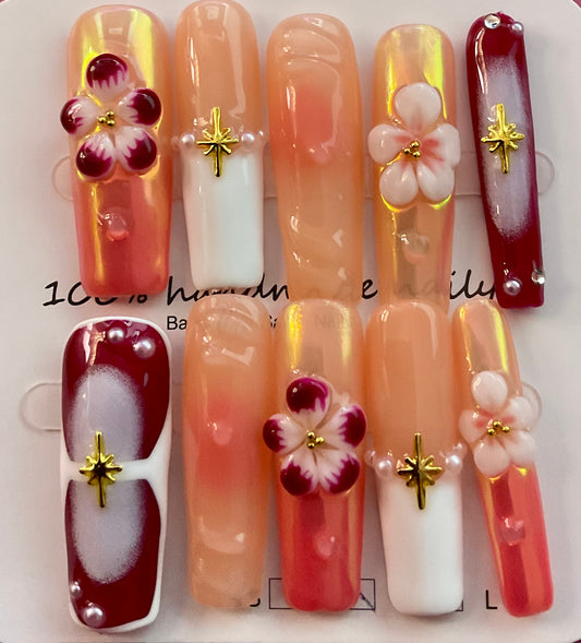 Peach Blossom Gradient 3D Floral Press On Nails