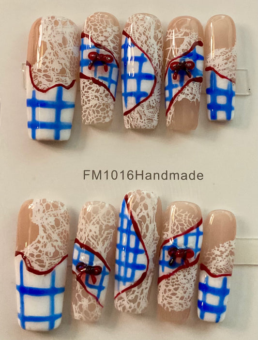 Blue Plaid & Lace Press On Nails