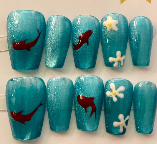 Ocean Breeze Shark & Flower Press On Nails