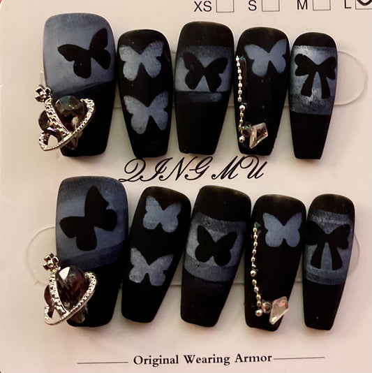 Matte Black Butterfly Press On Nails