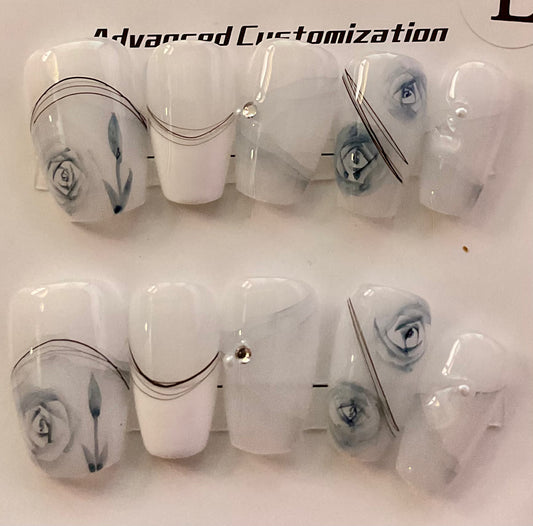 Elegant White Rose Press On Nails