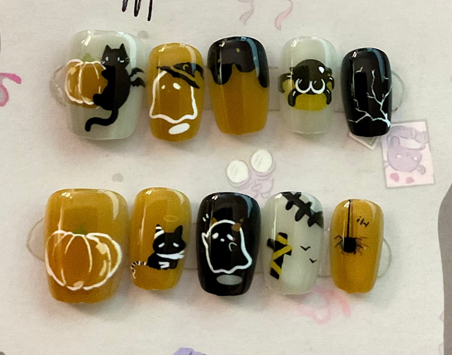 Spooky Cat & Pumpkin Press On Nails